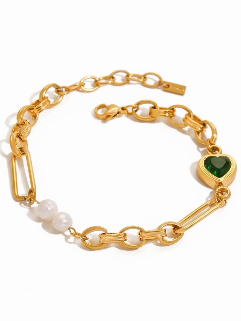 18K Gold Plated Emerald Green Heart & Faux Pearl Statement Chain Bracelet